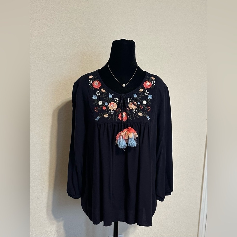 St. John's Bay Black Blouse with Floral Embroidery
